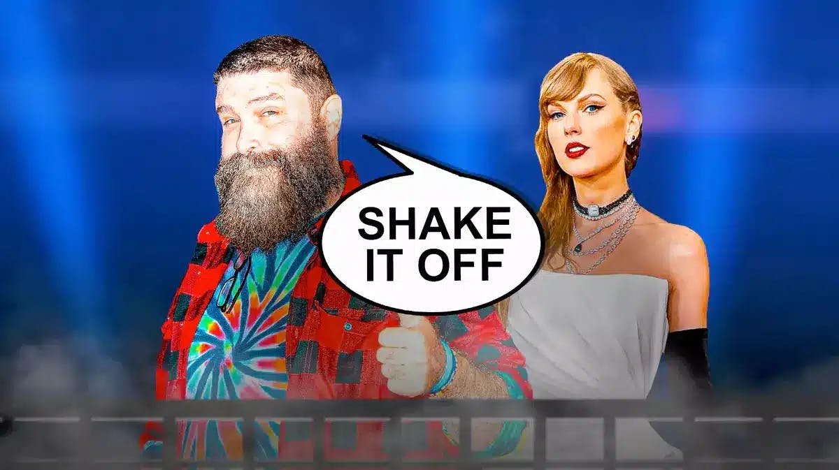 Mick Foley with a text bubble reading “Shake it off” next to Taylor Swift with the WWE logo as the background.