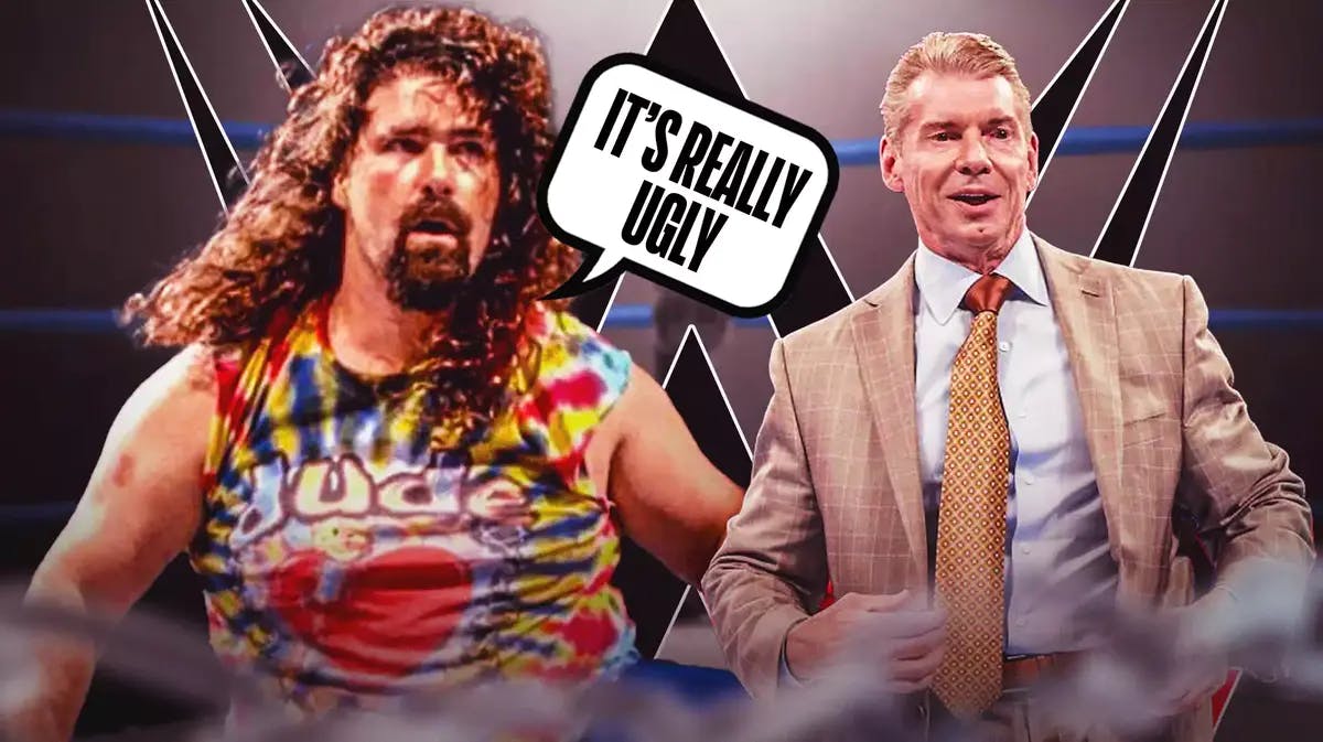 Mick Foley with a text bubble reading “It’s really ugly” next to Vince McMahon with the WWE logo as the background.