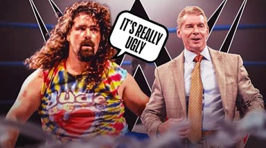 Mick Foley with a text bubble reading “It’s really ugly” next to Vince McMahon with the WWE logo as the background.