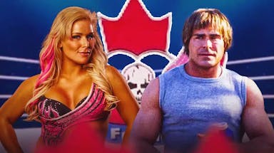 WWE’s Natalya next to Zach Efron’s character from The Iron CLAW with the Hart Foundation logo as the background.