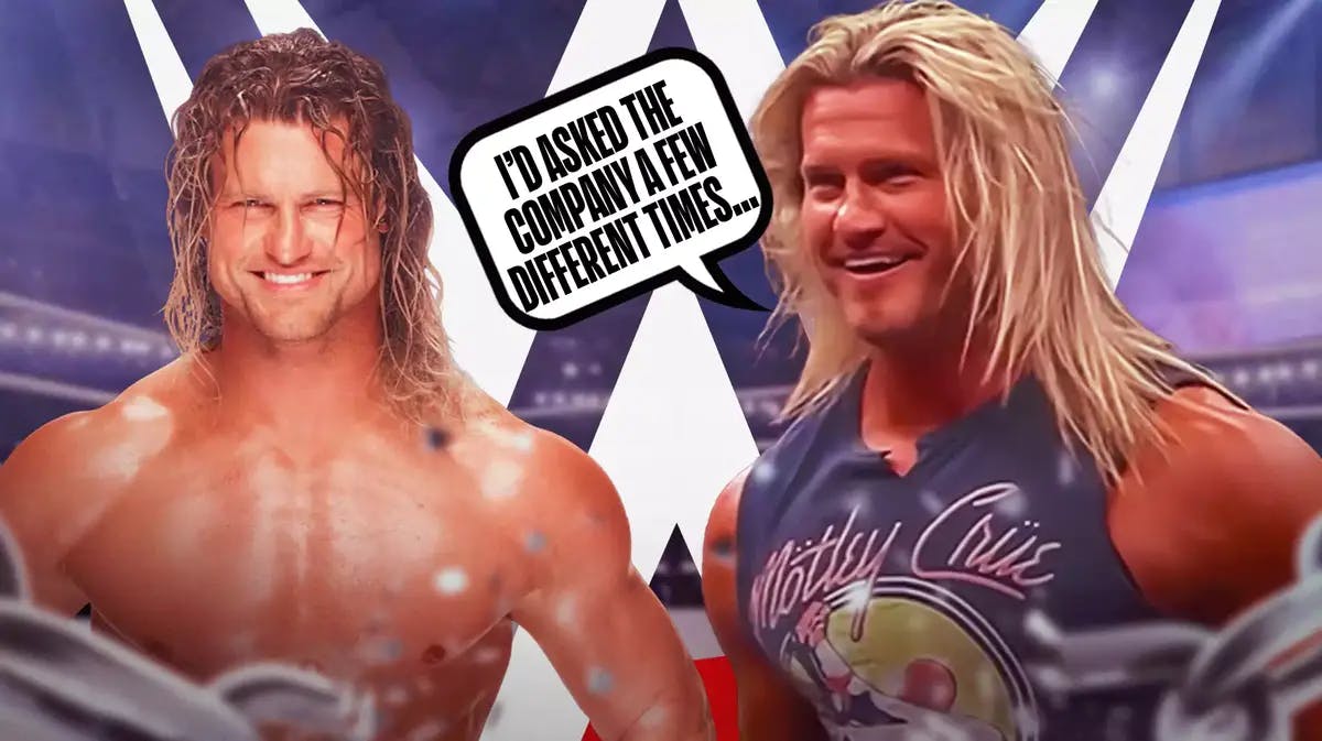 Nic Nemeth with a text bubble reading “I’d asked the company a few different times…” next to Dolph Ziggler with the WWE logo as the background.