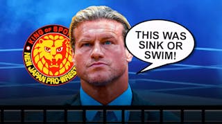 Nic Nemeth with a text bubble reading “This was sink or swim!” with the New Japan Pro wrestling logo as the background.