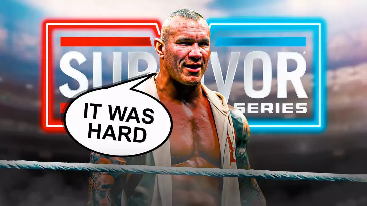 Randy Orton with a text bubble reading “It was hard” with the 2023 Survivor Series logo as the background.