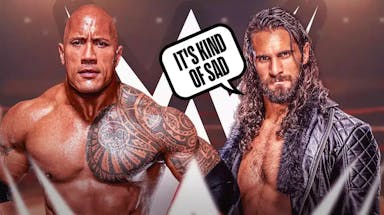 Seth Rollins with a text bubble reading “It's kind of sad” next to The Rock with the WWE logo as the background.