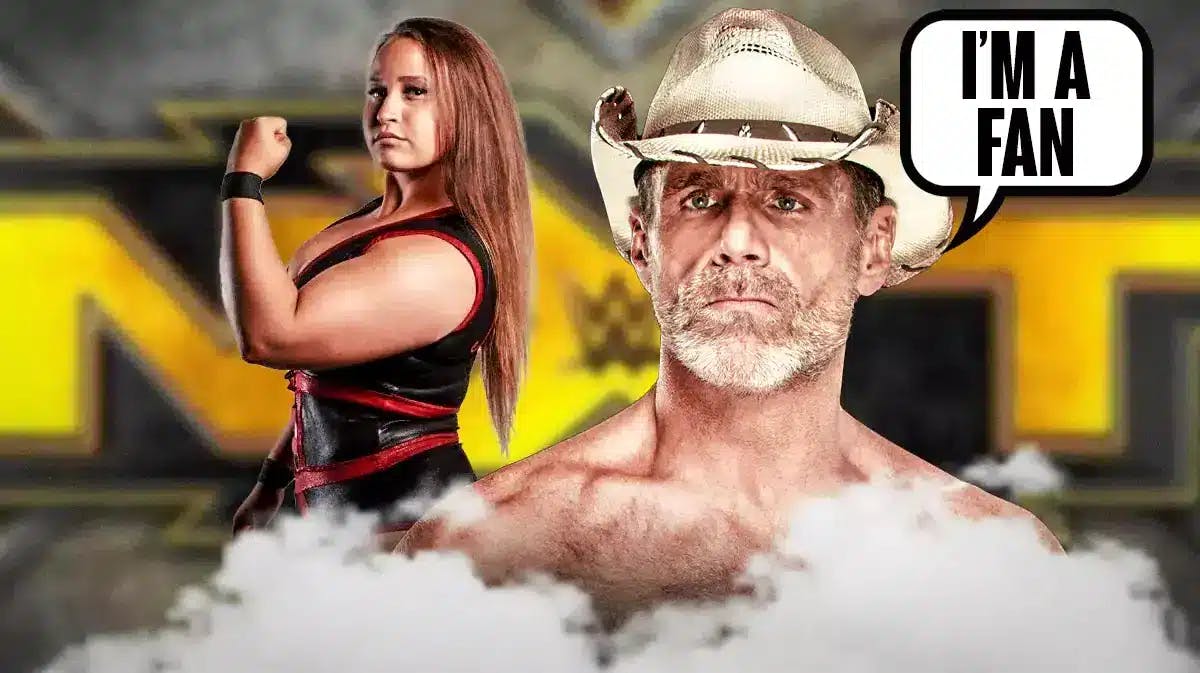 Shawn Michaels with a text bubble reading “I’m a fan” next to Jordynne Grace with the NXT logo as the background.