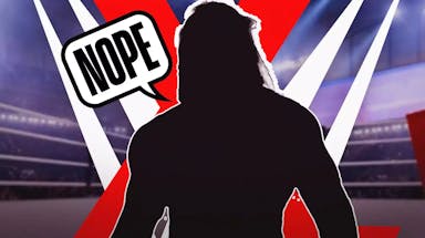 The blacked-out silhouette of Swerve Strickland with a text bubble reading “Nope” with a crossed out WWE logo as the background.