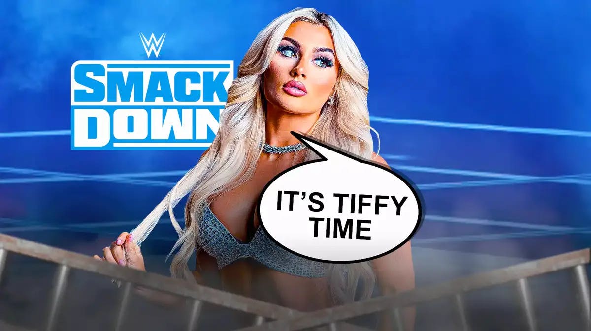 Tiffany Stratton with a text bubble reading “It’s Tiffy Time” with the SmackDown logo as the background.