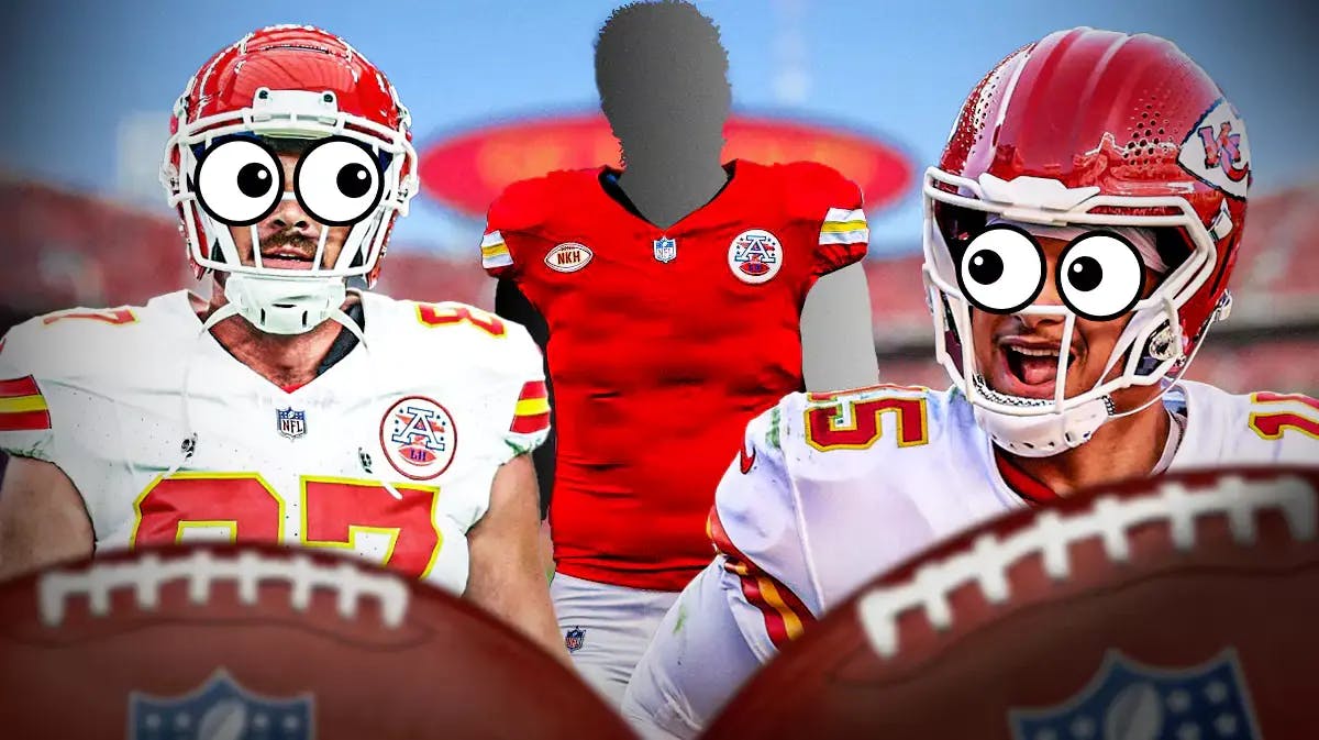 Chiefs' Patrick Mahomes and travis Kelce looking at blank silhouette.
