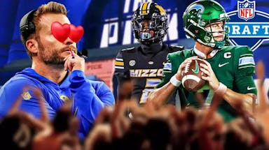 Rams coach Sean McVay with heart emoji eyes looking at Ennis Rakestraw Jr. (Missouri) and Michael Pratt (Tulane) with an NFL Draft background.