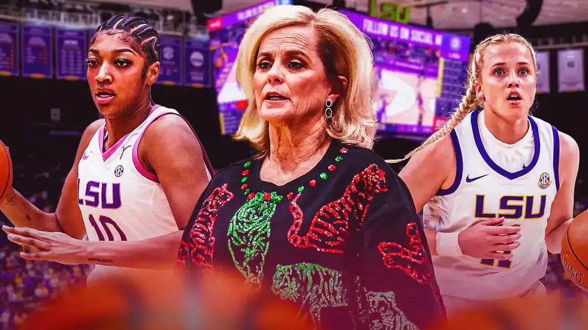 LSU women's basketball coach and players Kim Mulkey, Angel Reese, Hailey Van Lith. LSU is No. 13 in this week's AP Top 25 poll