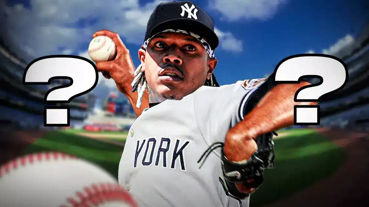 Marcus Stroman pitching a baseball in a Yankees uniform in middle. Place a question mark on left, and a question mark on right. Yankee Stadium background.