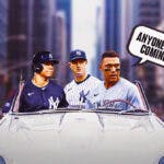 Yankees' Aaron Judge, Yankees' Juan Soto, Yankees' Gerrit Cole all sitting inside of a car, and have Judge driving. Have Judge saying the following: Anyone else coming?