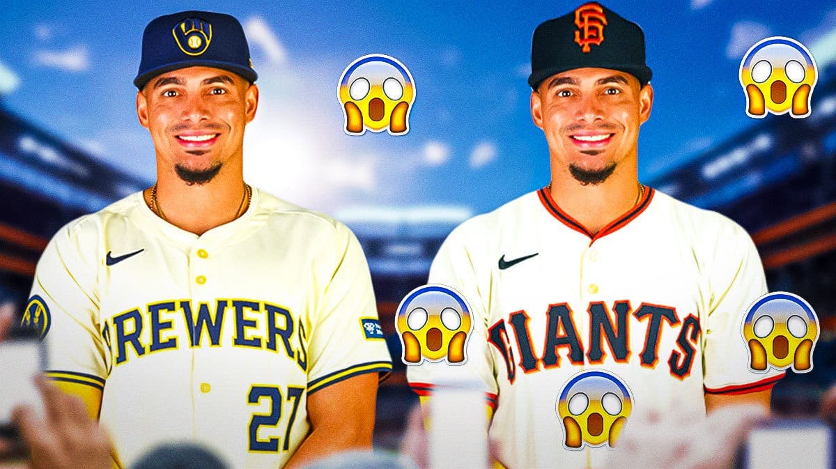 Willy Adamas on one side in a Milwaukee Brewers uniform with an arrow pointing to Willy Adames on the other side in a San Francisco Giants uniform, a bunch of shocked emojis in the background