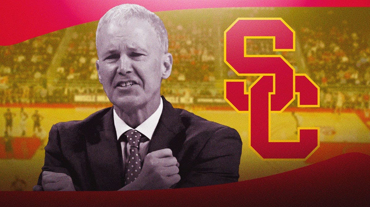 Andy Enfield in black and white next to the USC basketball logo