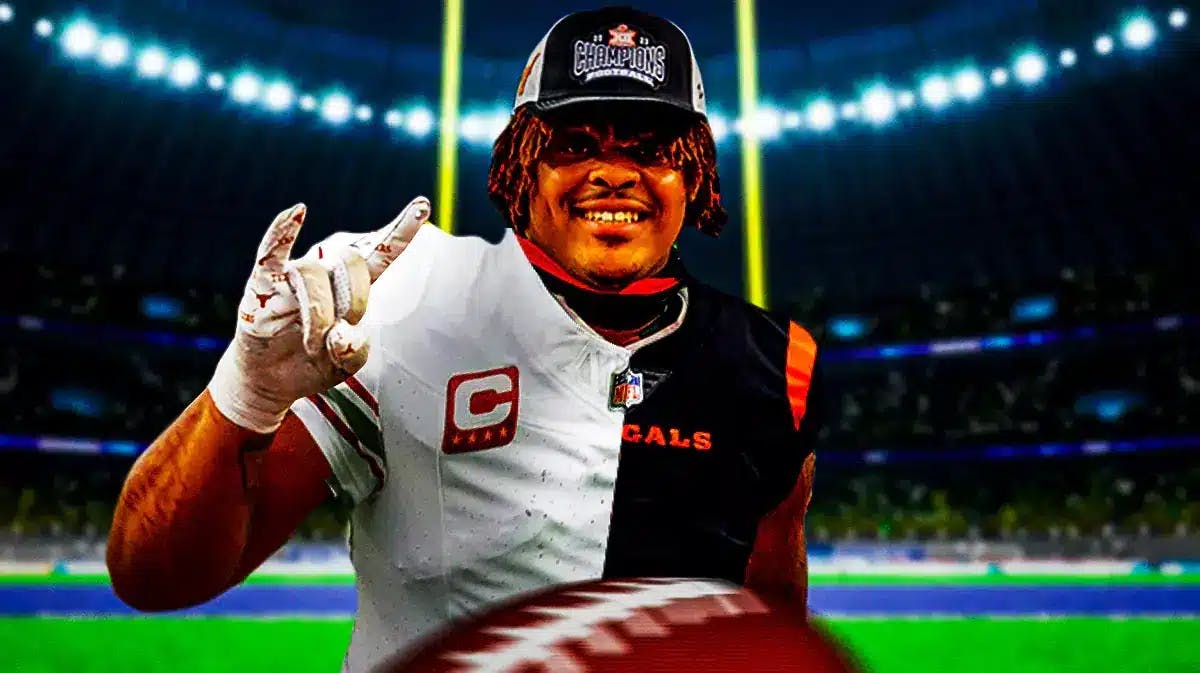 IMAGE: NFL Draft prospect Texas' Byron Murphy II in half an Arizona Cardinals jersey and half a Cincinnati Bengals jersey