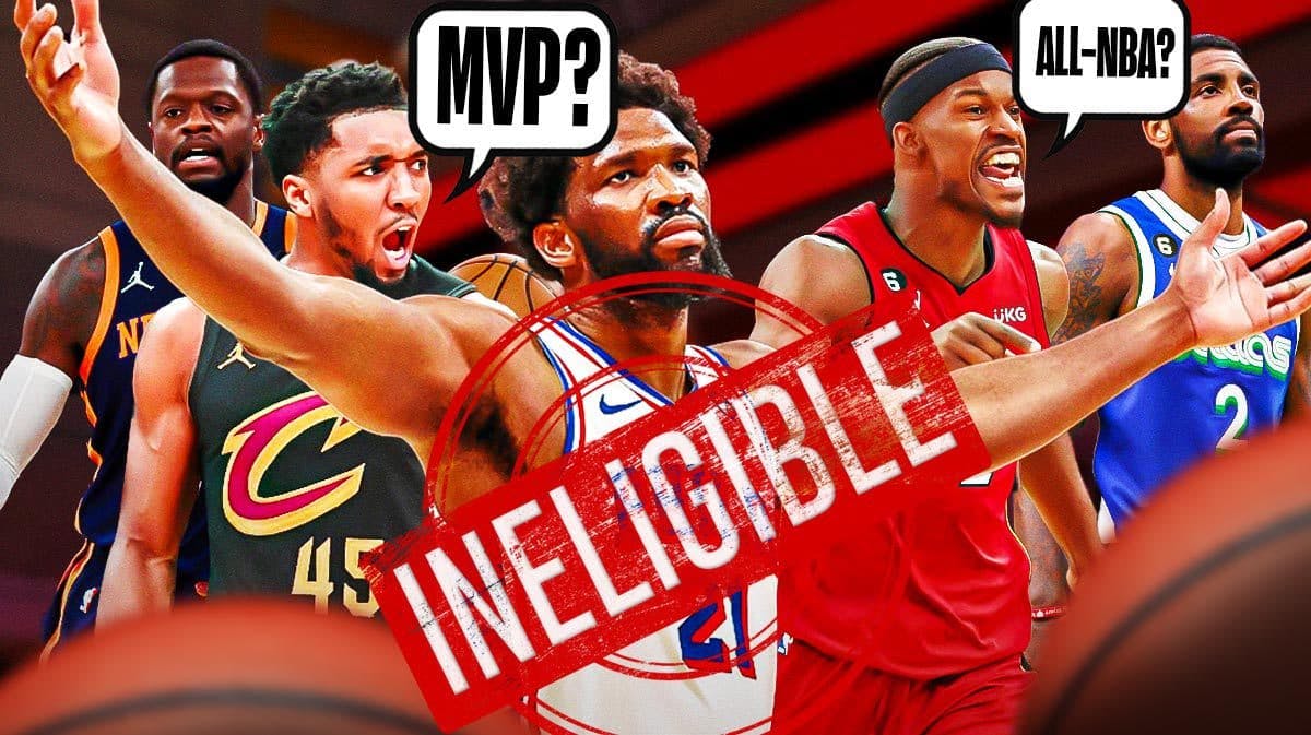 Julius Randle, Donovan Mitchell, Joel Embiid, Jimmy Butler, and Kyrie Irving with red "INELIGIBLE" label