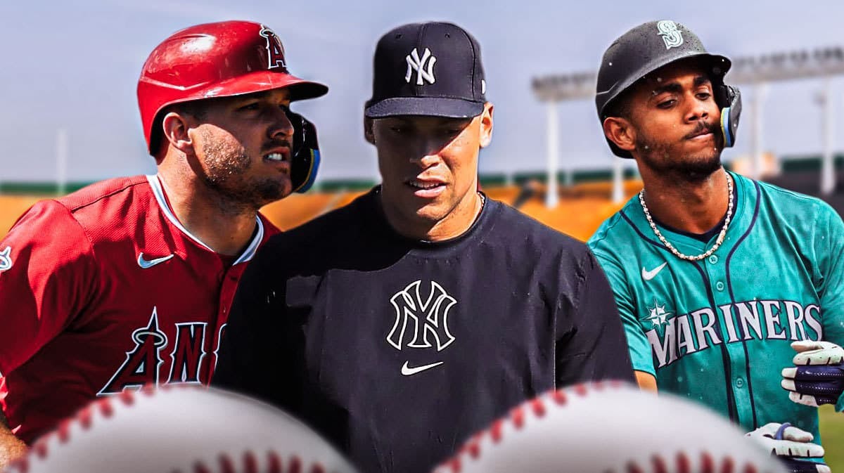 Aaron Judge in middle, Mike Trout and Julio Rodriguez on either side, baseball field in background