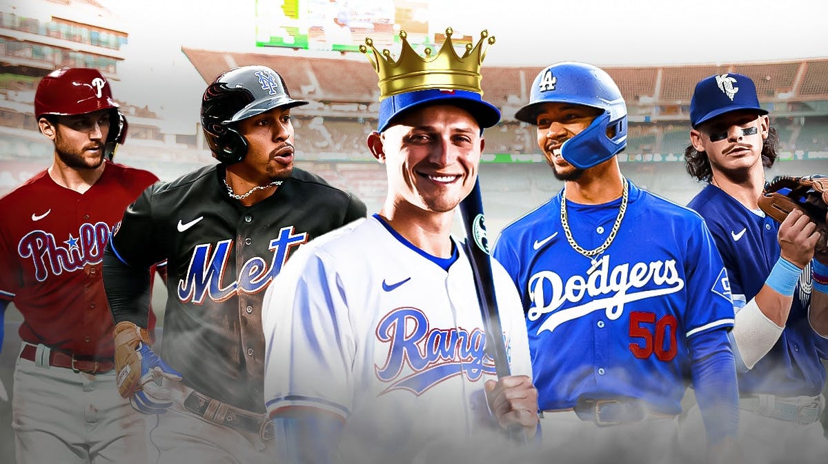 Photo: Corey Seager in Rangers jersey with a crown on his head in front, Trea Turner in Phillies jersey, Mookie Betts in Dodgers jersey, Francisco Lindor in Mets jersey, Bobby Witt Jr in Royals jersey