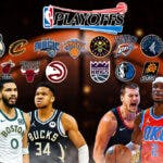 NBA playoffs with Jalen Brunson, Jayson Tatum, Giannis Antetokounmpo, Nikola Jokic, Shai Gilgeous-Alexander, and Anthony Edwards with team logos above them.