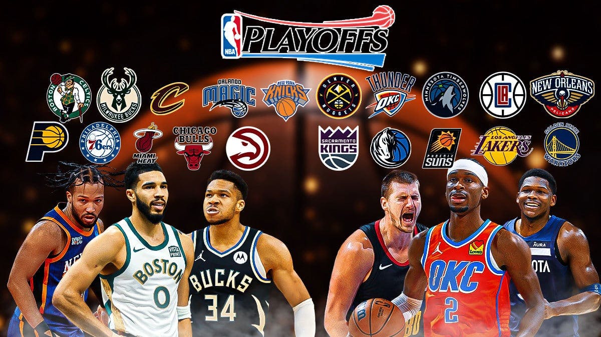 NBA playoffs with Jalen Brunson, Jayson Tatum, Giannis Antetokounmpo, Nikola Jokic, Shai Gilgeous-Alexander, and Anthony Edwards with team logos above them.