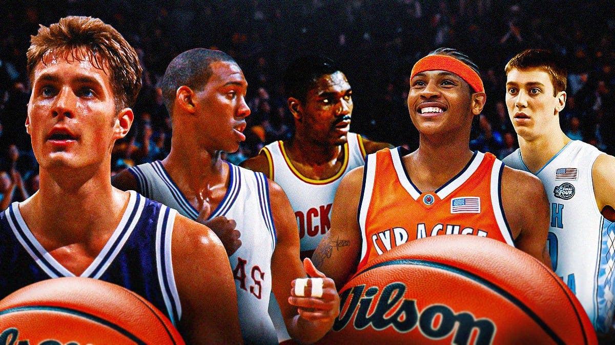 Christian Laettner (Duke), Danny Manning (Kansas), Akeem Olajuwon (Houston), Carmelo Anthony (Syracuse), Tyler Hansbrough (UNC) all together. March Madness logo in front. March Madness bracket as the backgroud (unless that looks bad).