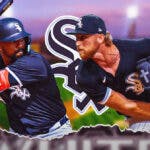 White Sox’s Eloy Jimenez swinging a bat, White Sox’s Michael Kopech pitching a baseball with the White Sox’s logo in background.