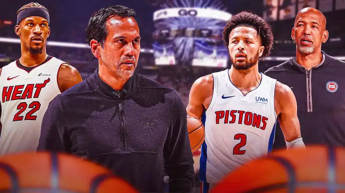 Miami Heat star Jimmy Butler and head coach Erik Spoelstra looking at Detroit Pistons star Cade Cunningham and head coach Monty Williams in front of the Kaseya Center.