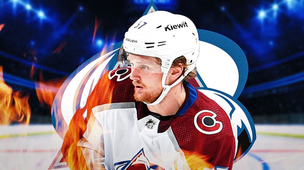 Casey Mittelstadt in a Colorado Avalanche jersey looking happy with fire around him, COL Avalanche logo, hockey rink in background