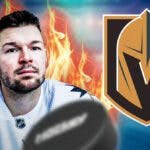 Tomas Hertl in image with fire around him, Vegas Golden Knights logo, hockey rink in background