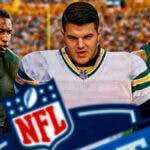 Graham Barton, Tyler Nubin, Jaylen Wright all in Packers jerseys, 2024 NFL Draft logo in background and Lambeau Field