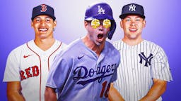 Dodgers' Will Smith with dollar signs in his eyes in middle. Dodgers' Dalton Rushing in a Yankees uniform on left. Dodgers' Diego Cartaya in a Red Sox uniform on right.