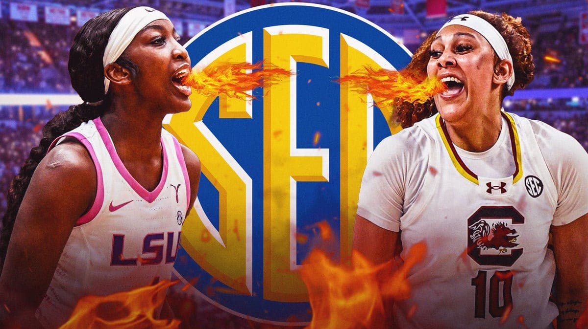 Flauje Johnson and Kamilla Cardoso yelling at each other breathing fire. SEC conference logo in background