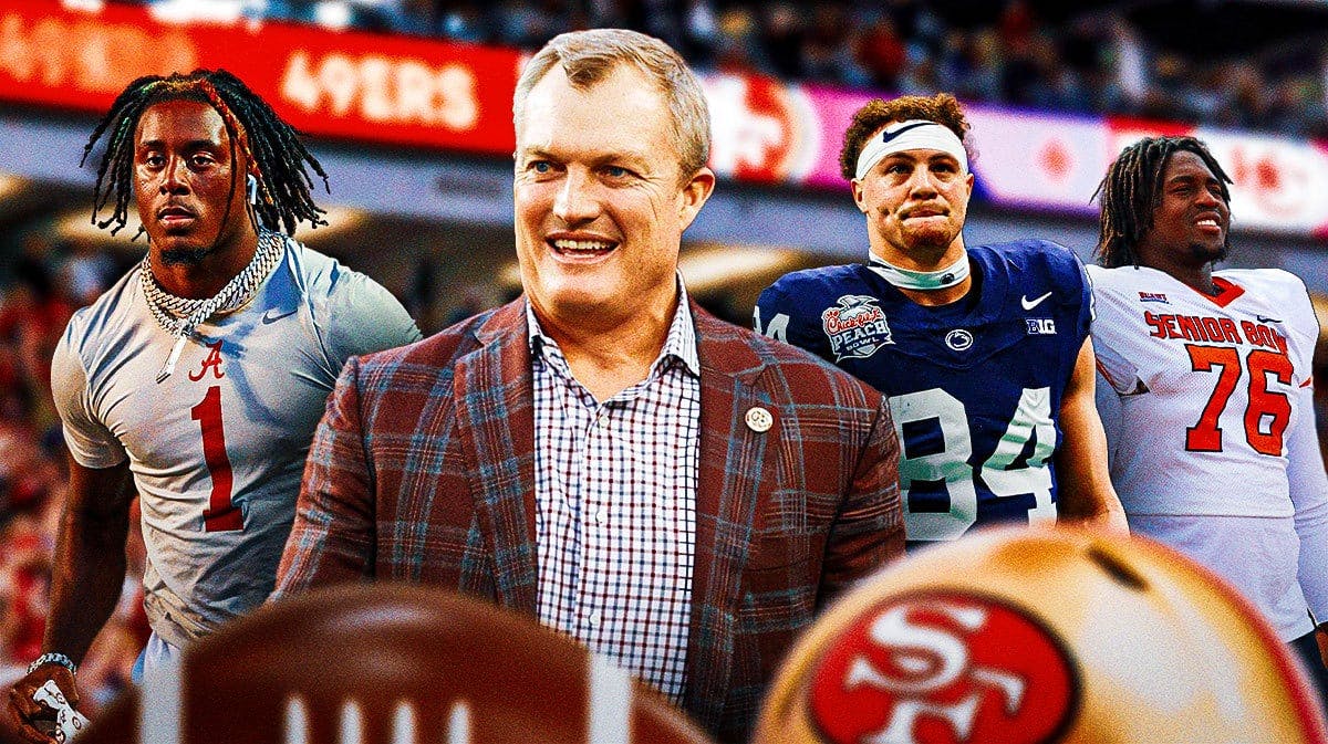 GM John Lynch in the middle, Kool-Aid McKinstry, Patrick Paul , Theo Johnson around him, and San Francisco 49ers in the background.