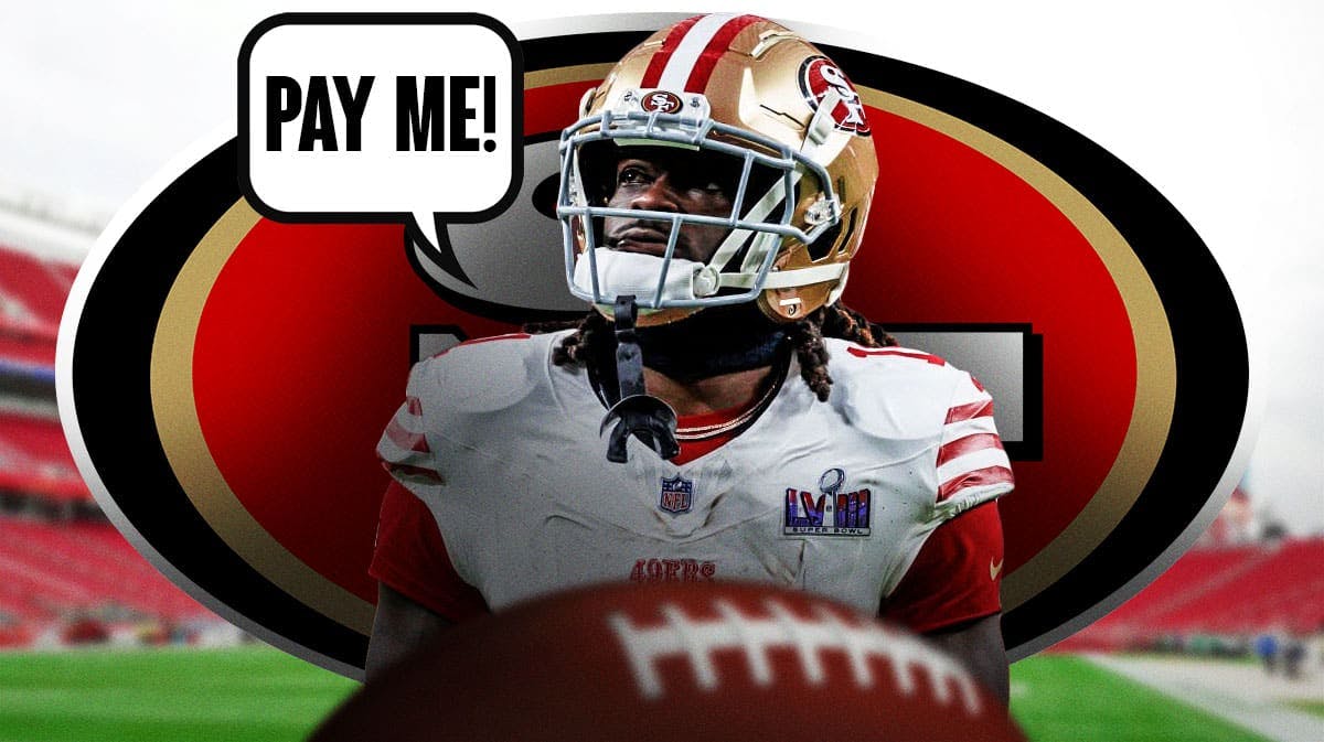 Brandon Aiyuk yells “PAY ME!” at 49ers' logo, football field in background