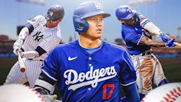 Dodgers' Shohei Ohtani in front looking serious. Yankees' Juan Soto on left swinging a bat, Rangers' Adolis Garcia on right swinging a bat.