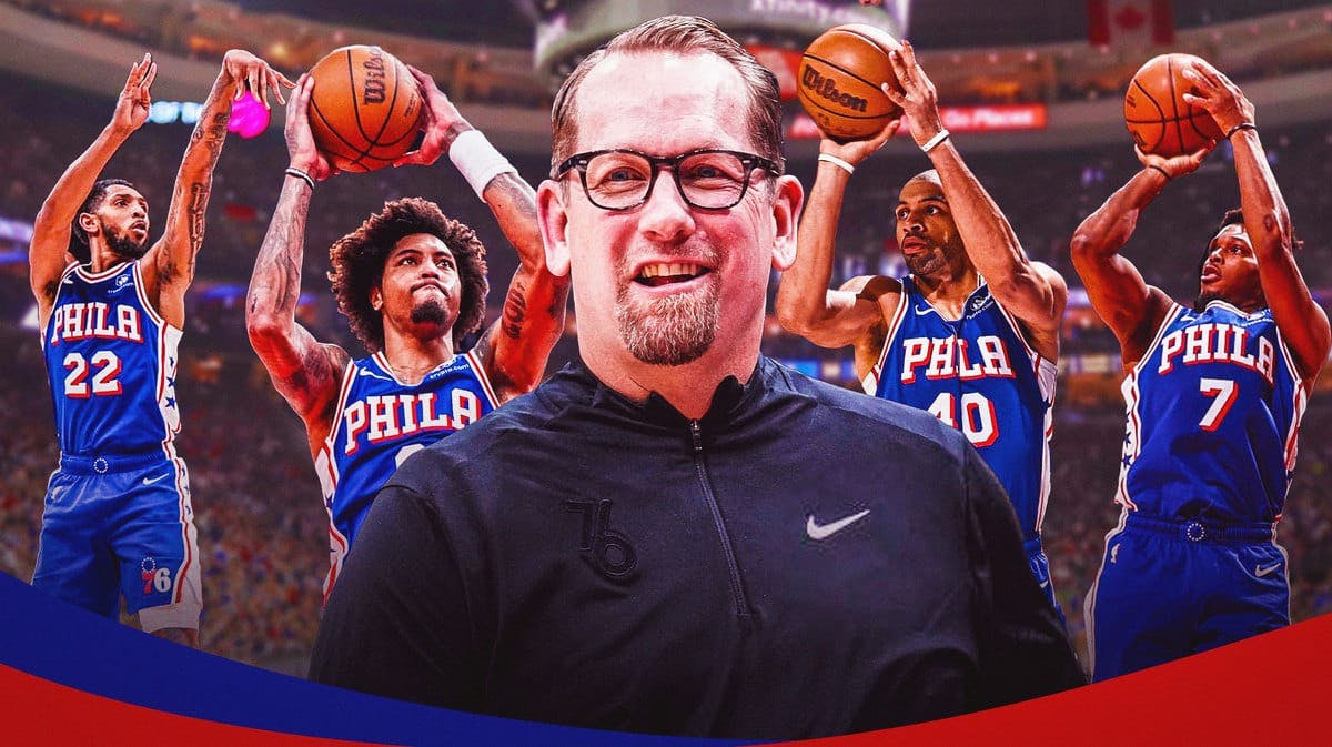 76ers' Nick Nurse in front of Cam Payne, Kelly Oubre Jr, Nico Batum and Kyle Lowry