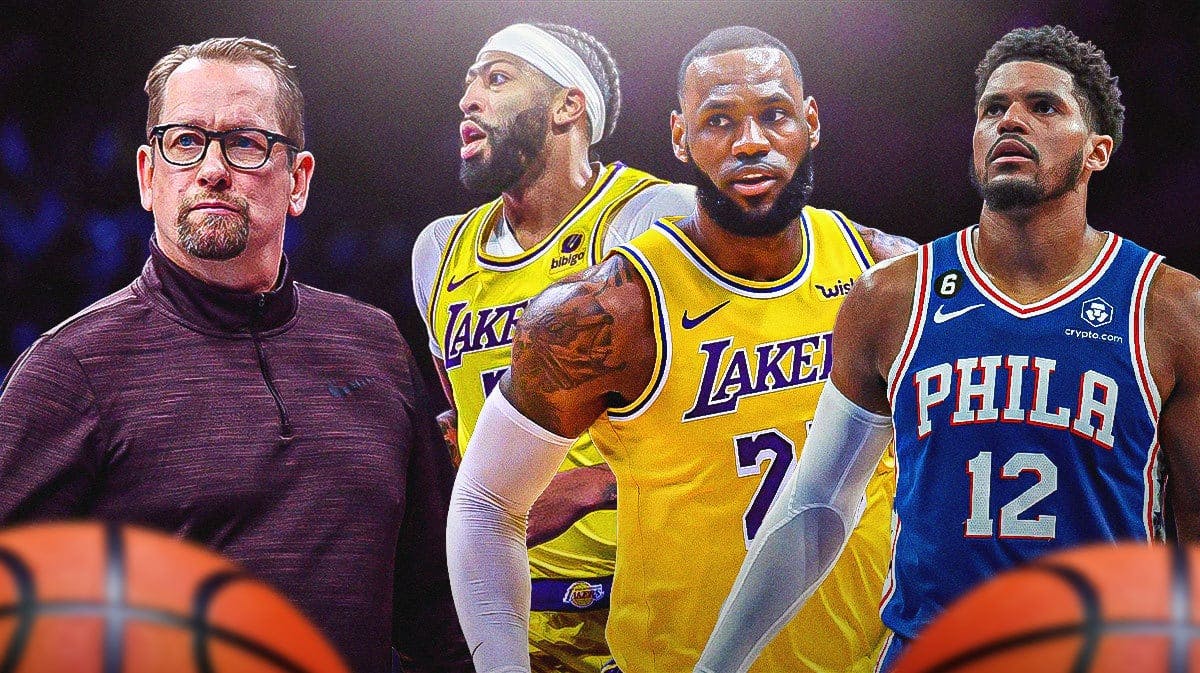 76ers' Nick Nurse and Tobias Harris and Lakers' Anthony Davis and LeBron James