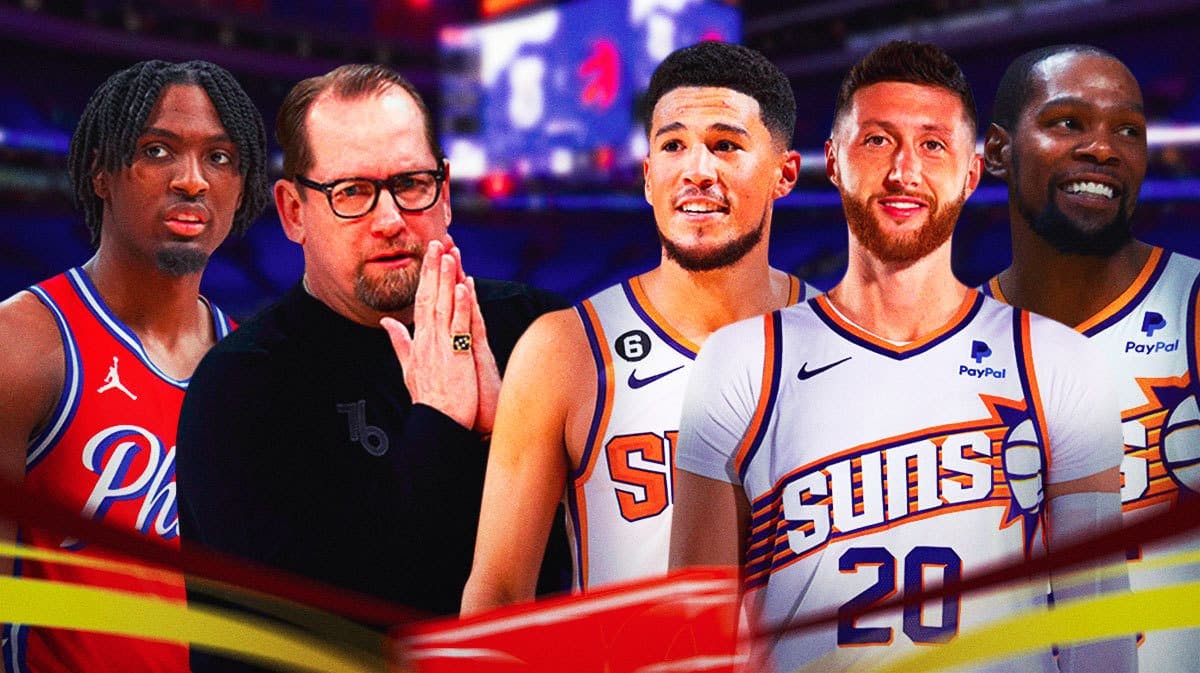 76ers' Tyrese Maxey and Nick Nurse and Suns' Devin Booker, Jusuf Nurkic, Kevin Durant