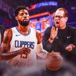 Clippers' Paul George looking serious in the middle, with referee Kevin Scott beside George with the blindfold on, with 76ers' Nick Nurse and Tyrese Maxey looking angrily at George