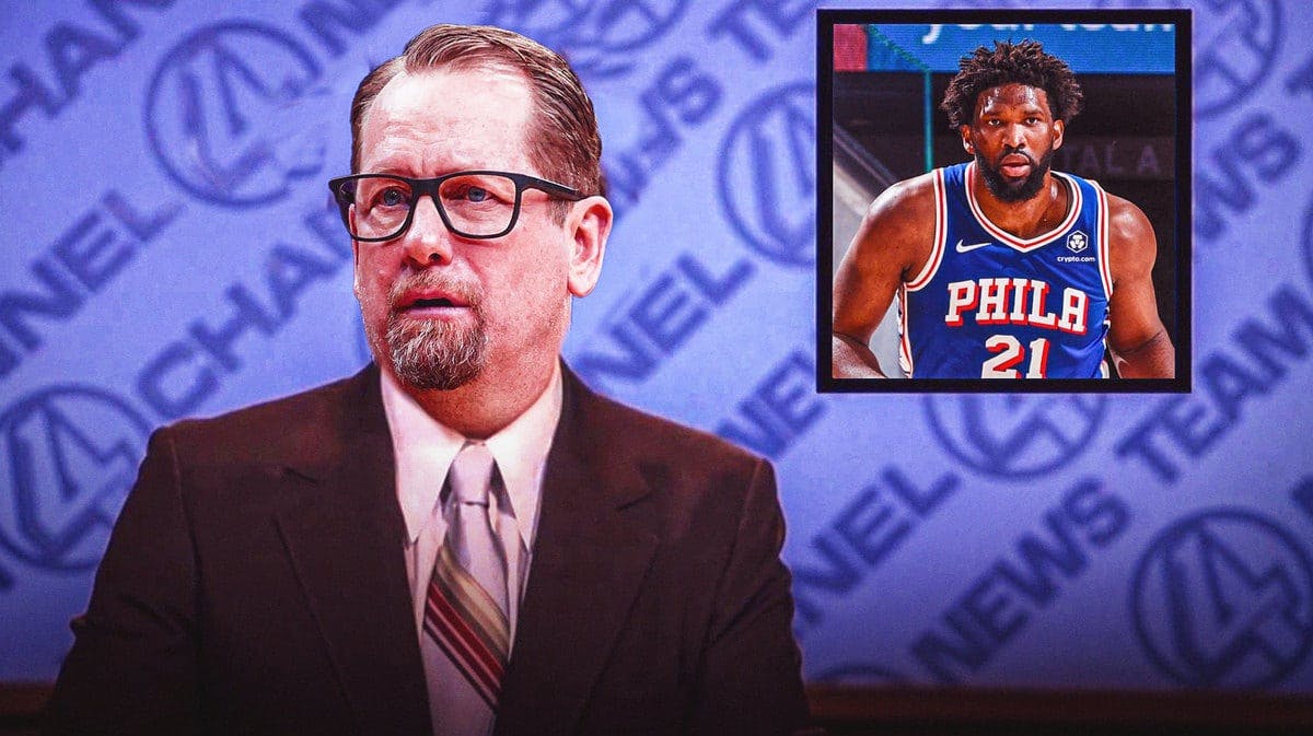Nick Nurse as Ron Burgundy, remove all image and texts inside the box and replace them with Joel Embiid (76ers)