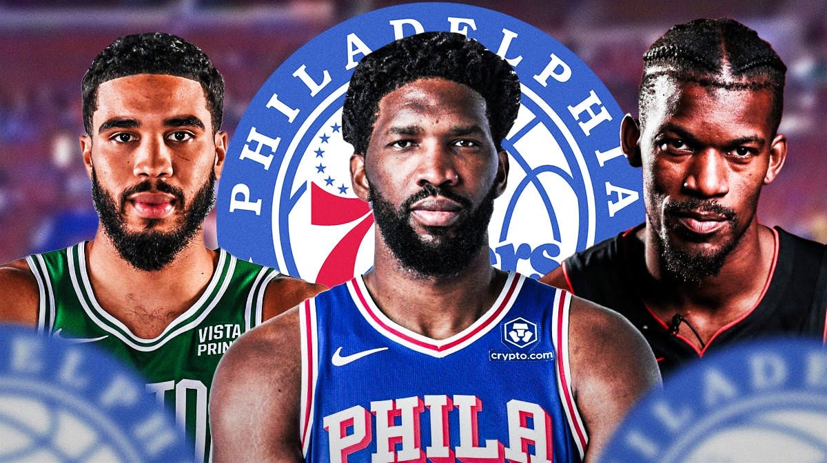 Joel Embiid in middle, Jayson Tatum on one side and Jimmy Butler on other side, 76ers logo, basketball court in background