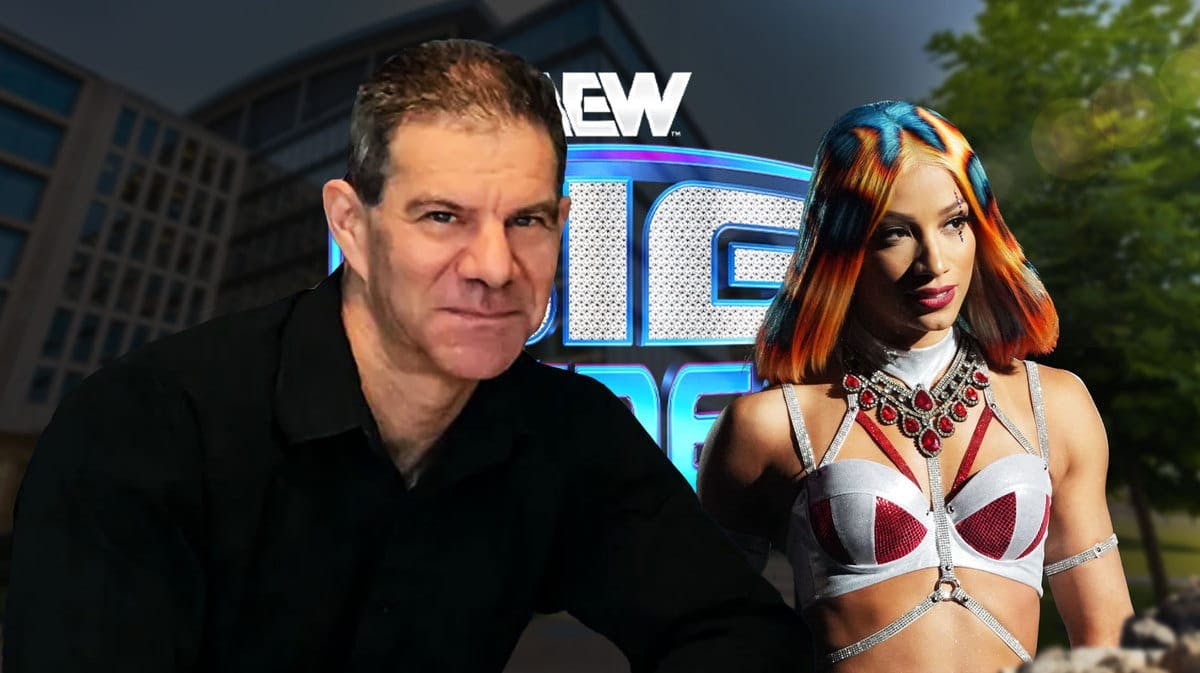 Wrestling journalist Dave Meltzer next to Mercedes Mone with the AEW Big Business logo as the background.