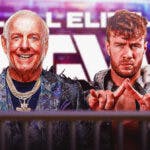 Ric Flair with a text bubble reading “You’re one of the best in the world!” next to Will Ospreay with the AEW logo as the background.