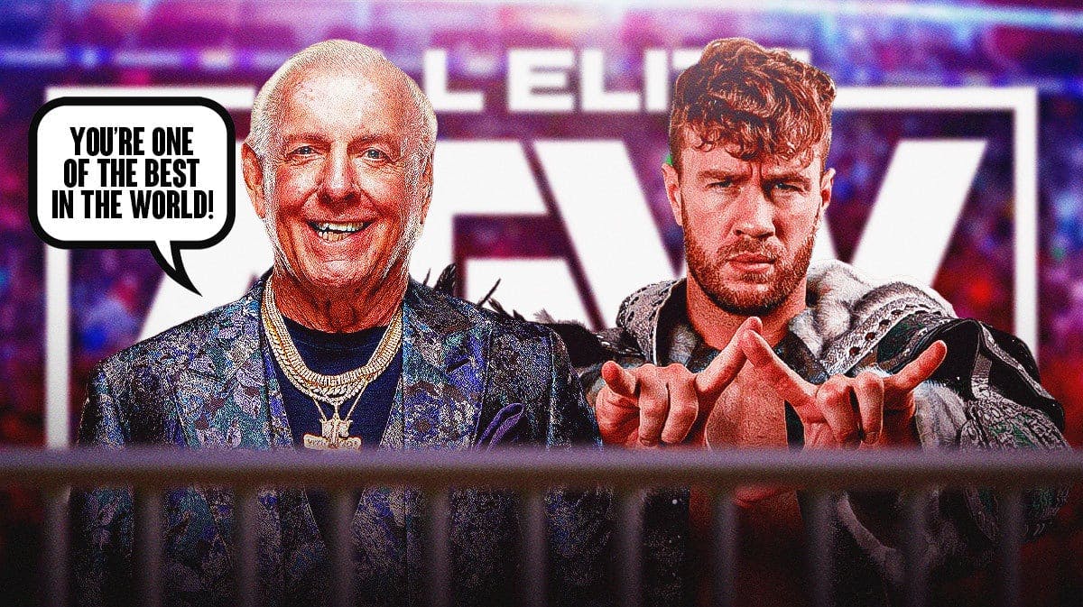 Ric Flair with a text bubble reading “You’re one of the best in the world!” next to Will Ospreay with the AEW logo as the background.