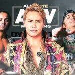 Kazuchika Okada in the middle of the screen with Nick Jackson of the Young Bucks on the left and Matt Jackson of the Young Bucks on the right with the AEW Dynamite logo as the background.