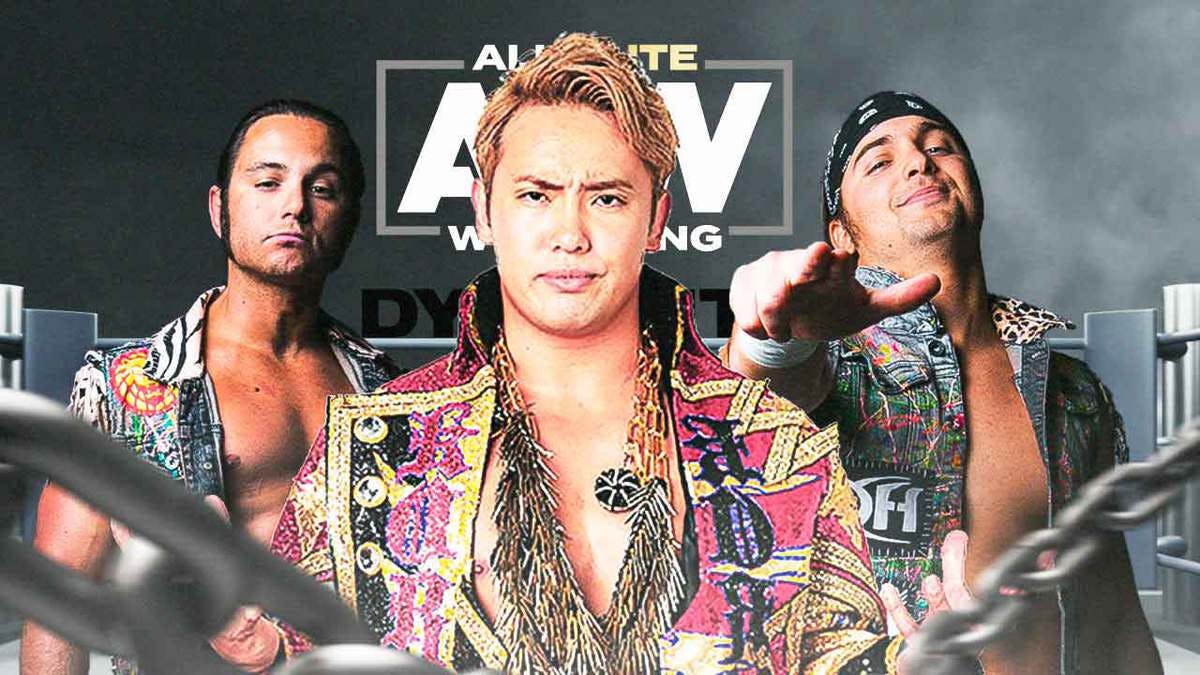 Kazuchika Okada in the middle of the screen with Nick Jackson of the Young Bucks on the left and Matt Jackson of the Young Bucks on the right with the AEW Dynamite logo as the background.