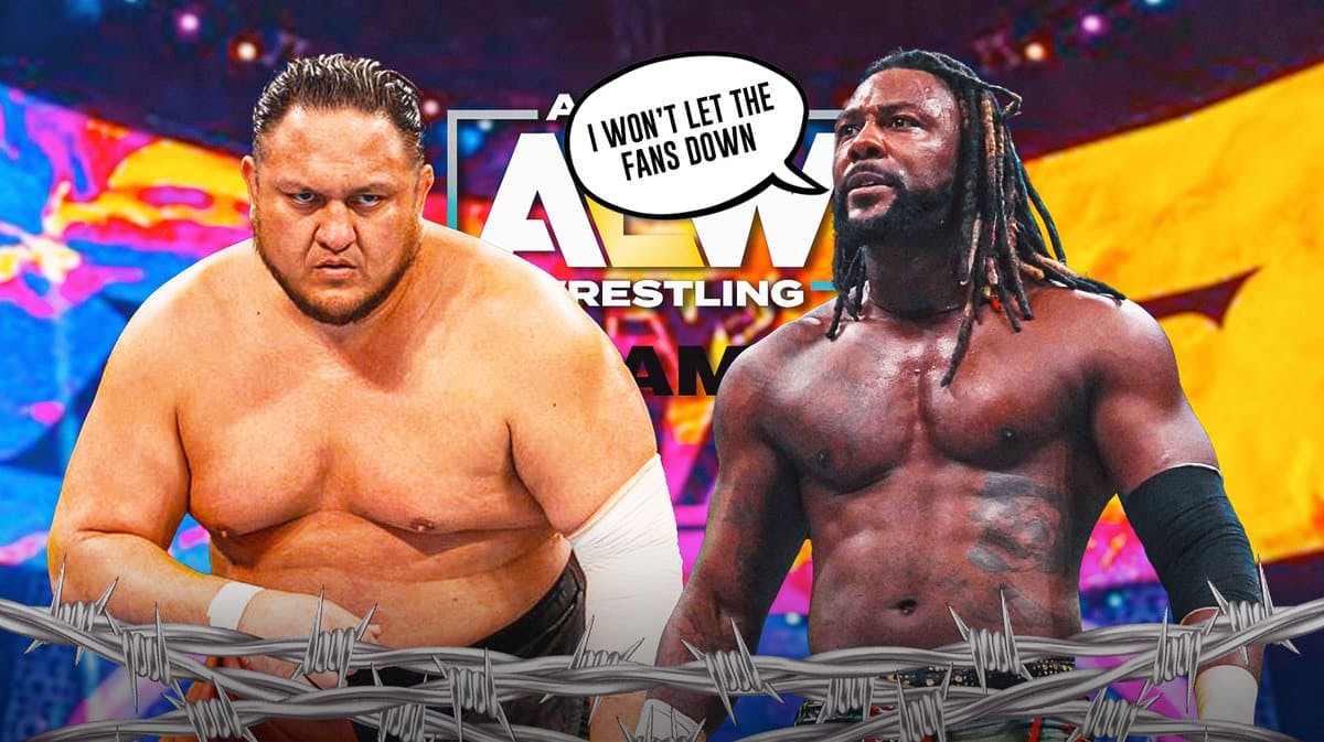 Swerve Strickland “I won’t let the fans down” next to Samoa Joe with the 2024 AEW Dynamite logo as the background.