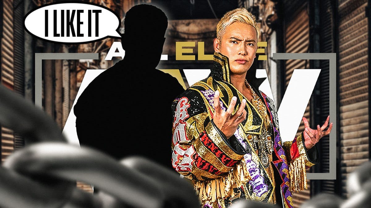 The blacked-out silhouette of Tommy Dreamer with a text bubble reading “I like it” next to Kazuchika Okada with the AEW logo as the background.