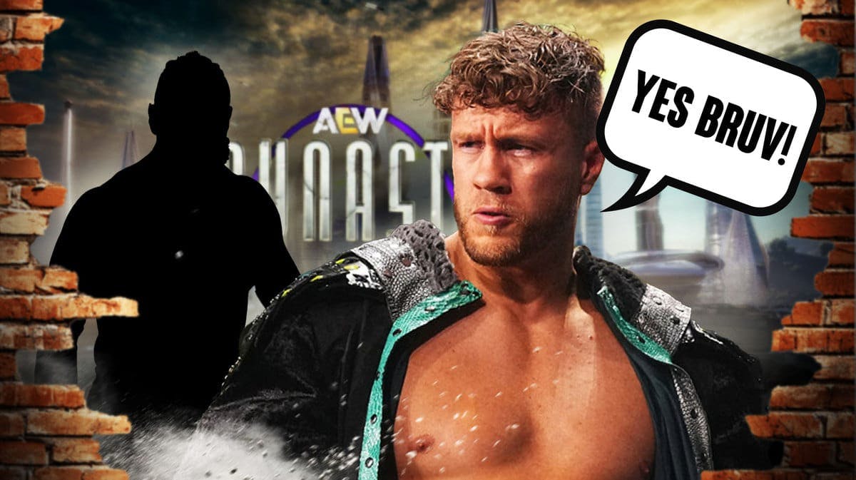 Will Ospreay with a text bubble reading “Yes bruv!” next to the blacked-out silhouette of Bryan Danielson with the AEW Dynasty logo as the background.