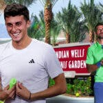 Luca Nardi celebrating while Novak Djokovic is sad.